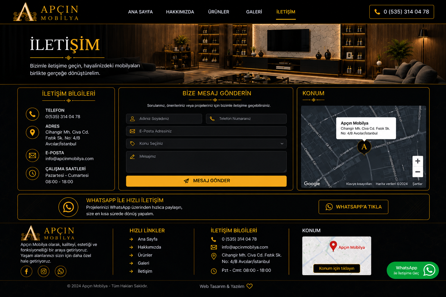 Apçın Mobilya iletişim sayfası